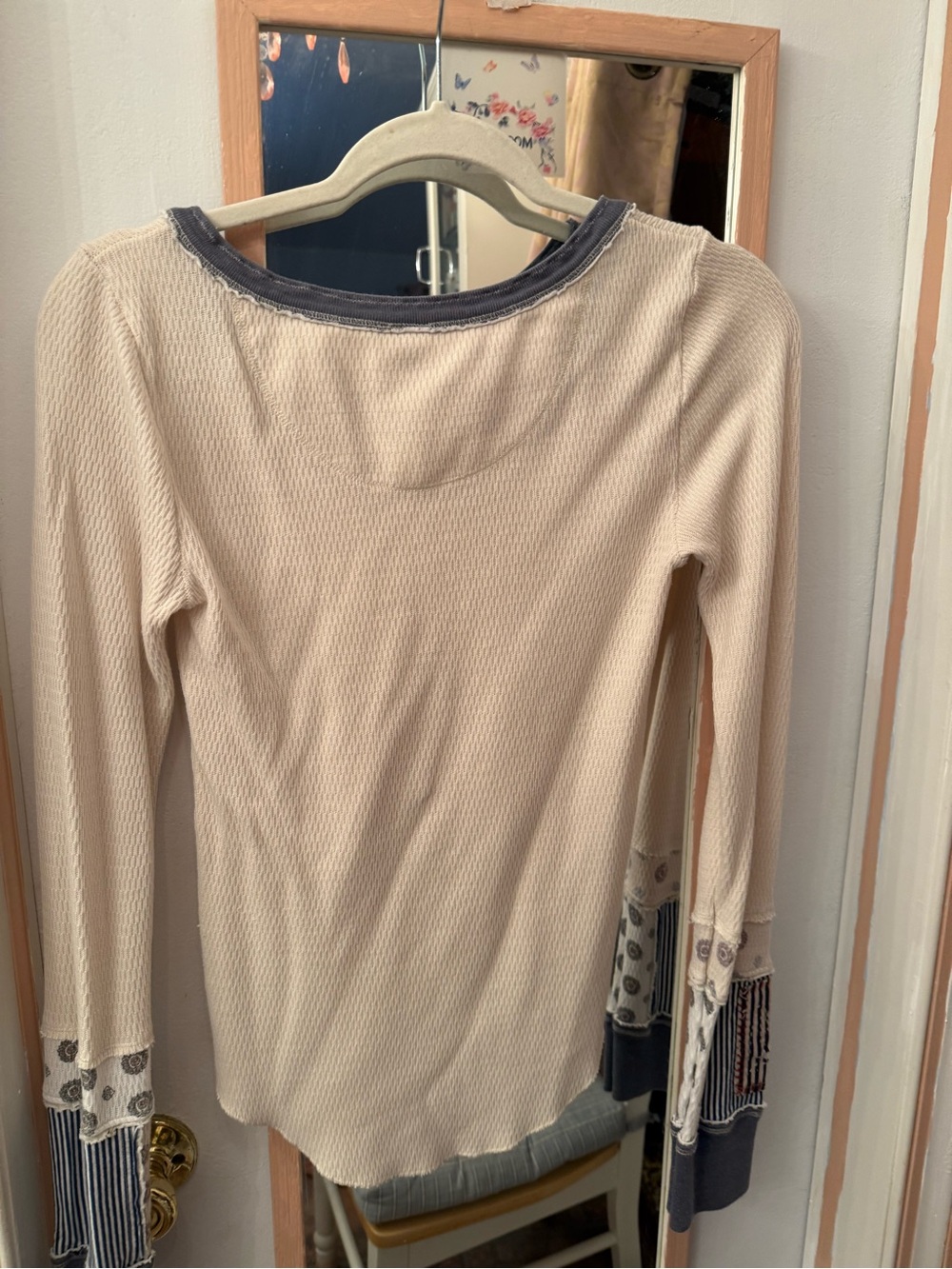 We The Free Cream Long Sleeve Henley with Blue Trim - Picture 3 of 4